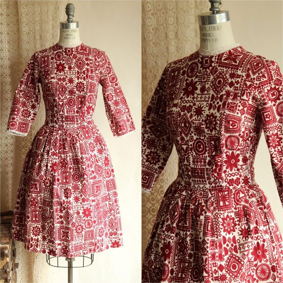 American Vintage Dresses & Skirts - Vintage 1950s Dress, Red and White Cotton Fit and Flare with Lace Trim